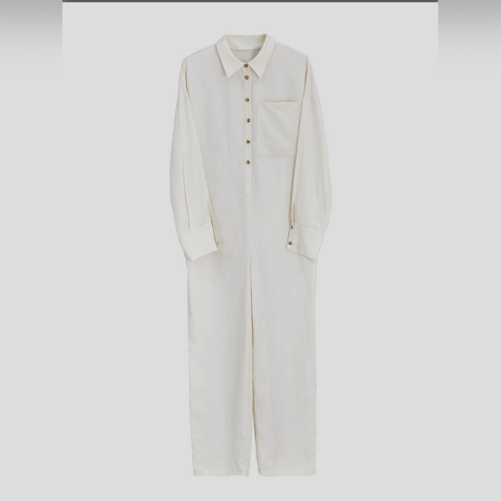 Lattelier Straight Belted Long-Sleeve Jumpsuit In Natural White Womans Small - Picture 10 of 16